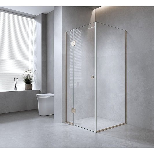 100x80cm Corner Frameless Shower Screen – Chrome Wall Channel with Brass Hinges for Elegant Bathrooms