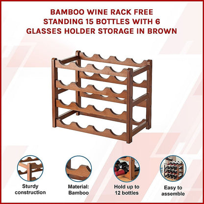 Bamboo Wine Rack Free Standing 15 Bottles with 6 Glasses Holder Storage in Brown