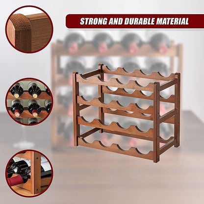 Bamboo Wine Rack Free Standing 15 Bottles with 6 Glasses Holder Storage in Brown