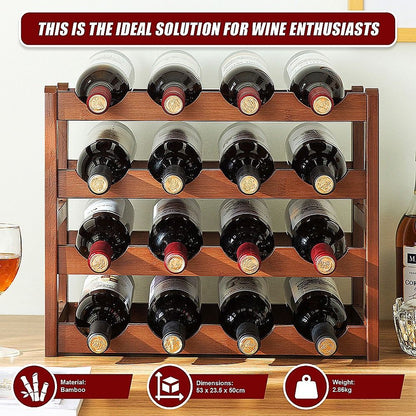 Bamboo Wine Rack Free Standing 15 Bottles with 6 Glasses Holder Storage in Brown