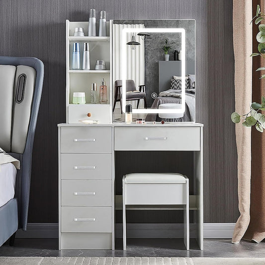 Dressing Table LED Makeup Mirror Stool Set Vanity Desk With Drawer Lighted