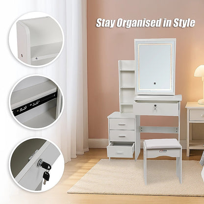 Dressing Table LED Makeup Mirror Stool Set Vanity Desk With Drawer Lighted