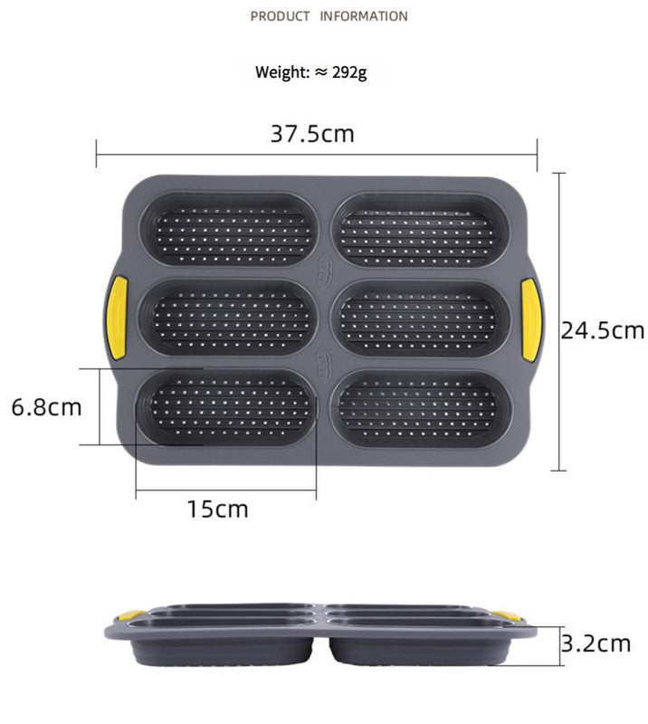 Gray 6-hole silicone baking mold, perforated loaf pan 37.5 cm x 24.5 cm, suitable for bread and cakes (sold in sets of 2)