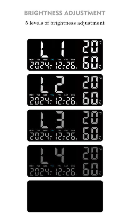 Black Background With Blue,Green and White Light Sleek Large LED Digital Wall & Desk Clock - Remote Control, Temperature, Humidity, Dual Alarms, Calendar
