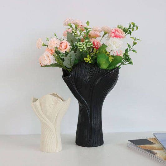 Beige Elegant Off-White Ceramic Vase - Modern Sculptural Flower Holder with Wide Fluted Opening