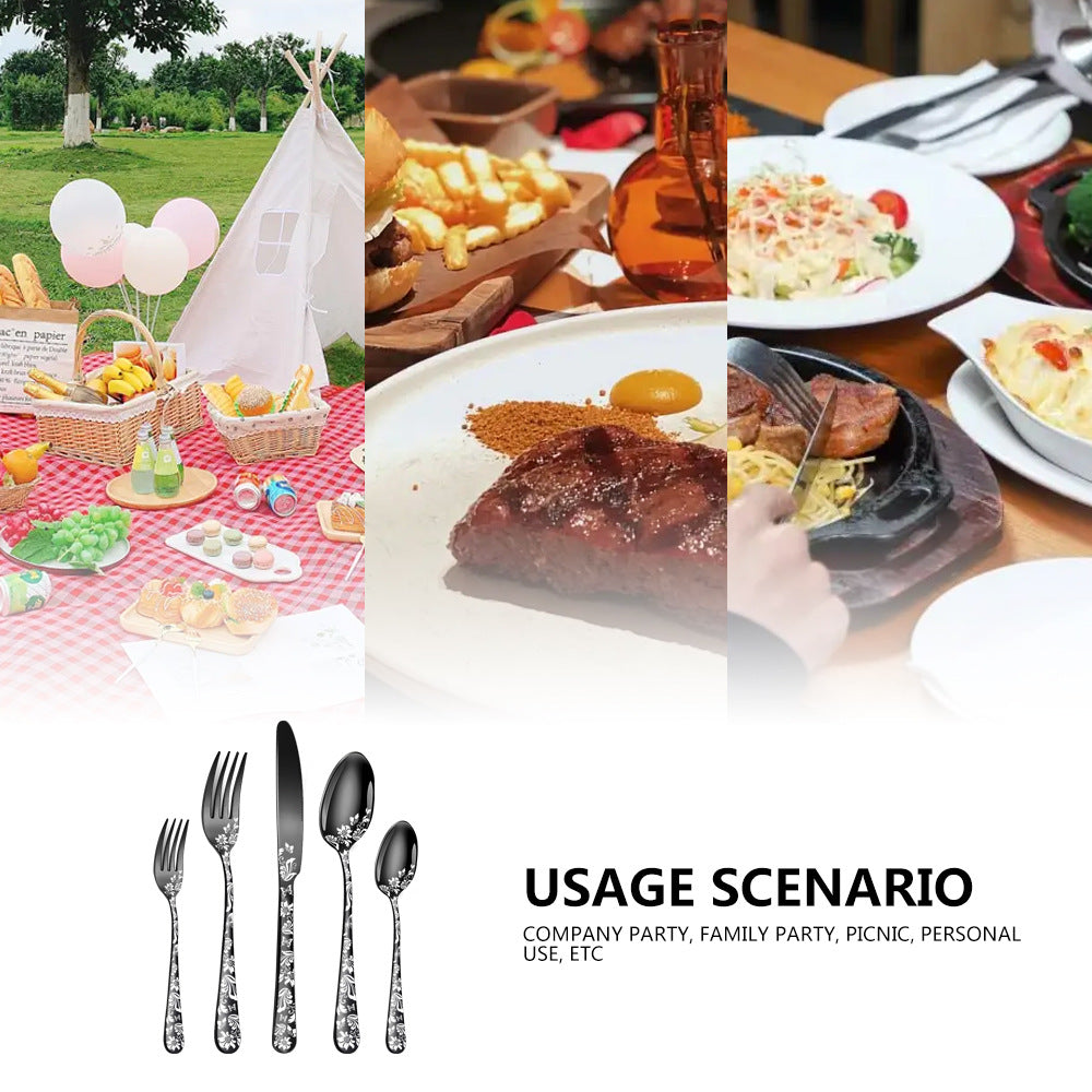 Silver Elegant 20-Piece Stainless Steel Cutlery Set with Floral Design - Dinner & Steak Knives, Forks, Spoons