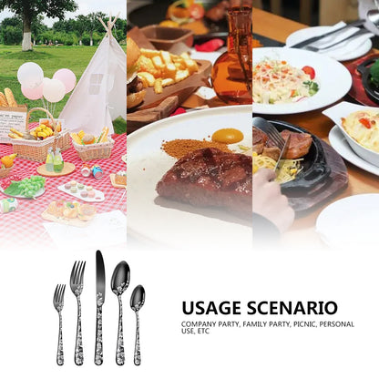 Silver Elegant 20-Piece Stainless Steel Cutlery Set with Floral Design - Dinner & Steak Knives, Forks, Spoons