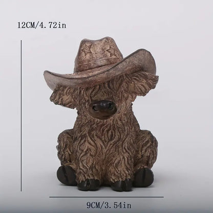 Highland Cow with Cowboy Hat Resin Statue - Rustic Farmhouse Garden Decor