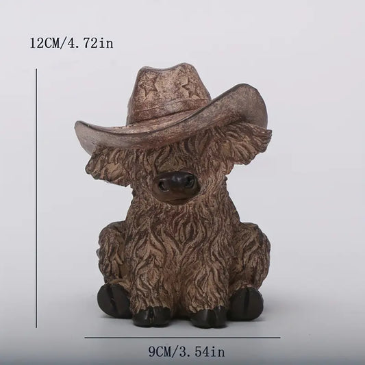 Highland Cow with Cowboy Hat Resin Statue - Rustic Farmhouse Garden Decor
