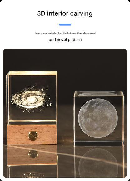 The Moon Luminous 3D Crystal Cube Night Light - Laser Engraved Artwork with Solid Wood Base