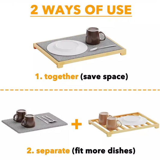 Instant Dry Stone Dish Drying Mat with Bamboo Rack - 2 Ways to Use, Quick Absorbent & Stylish(grey)