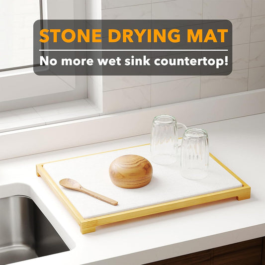 Instant Dry Stone Dish Drying Mat with Bamboo Rack - 2 Ways to Use, Quick Absorbent & Stylish(white)