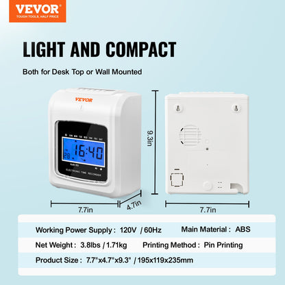 VEVOR Punch Time Clock, Time Tracker Machine for Employees of Small Business, 6 Punches per Day, Time Clock Punch Machine Includes 102 Time Cards, 1 Ink Ribbon and 2 Security Keys