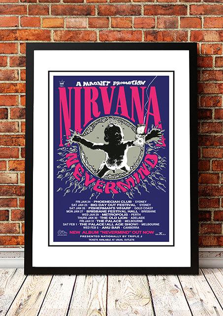 Nirvana 'Nevermind' Australian Tour Poster 1992 - Framed A2
