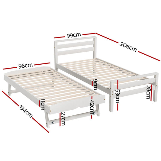 Artiss Bed Frame Single Size 2-in-1 Trundle Wooden White AVIS