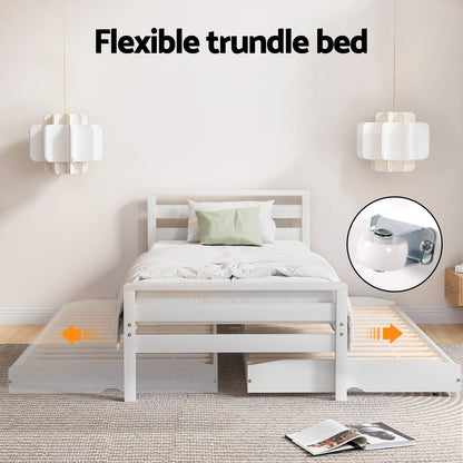 Artiss Bed Frame Single Size 2-in-1 Trundle Wooden White AVIS