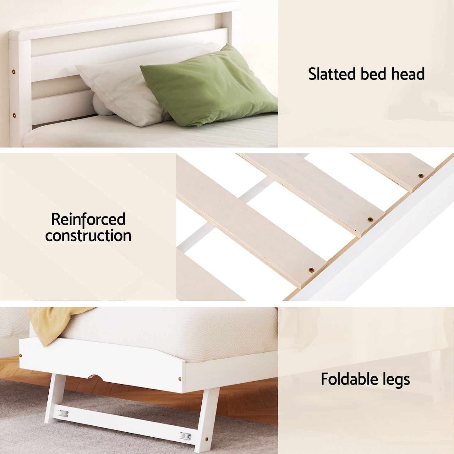 Artiss Bed Frame Single Size 2-in-1 Trundle Wooden White AVIS
