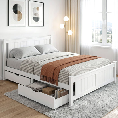 Artiss Bed Frame Queen Size Wooden Platform with 2 Storage Drawers White RIO
