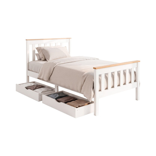 Artiss Bed Frame Single Size Wooden Platform with 2 Storage Drawers White PONY
