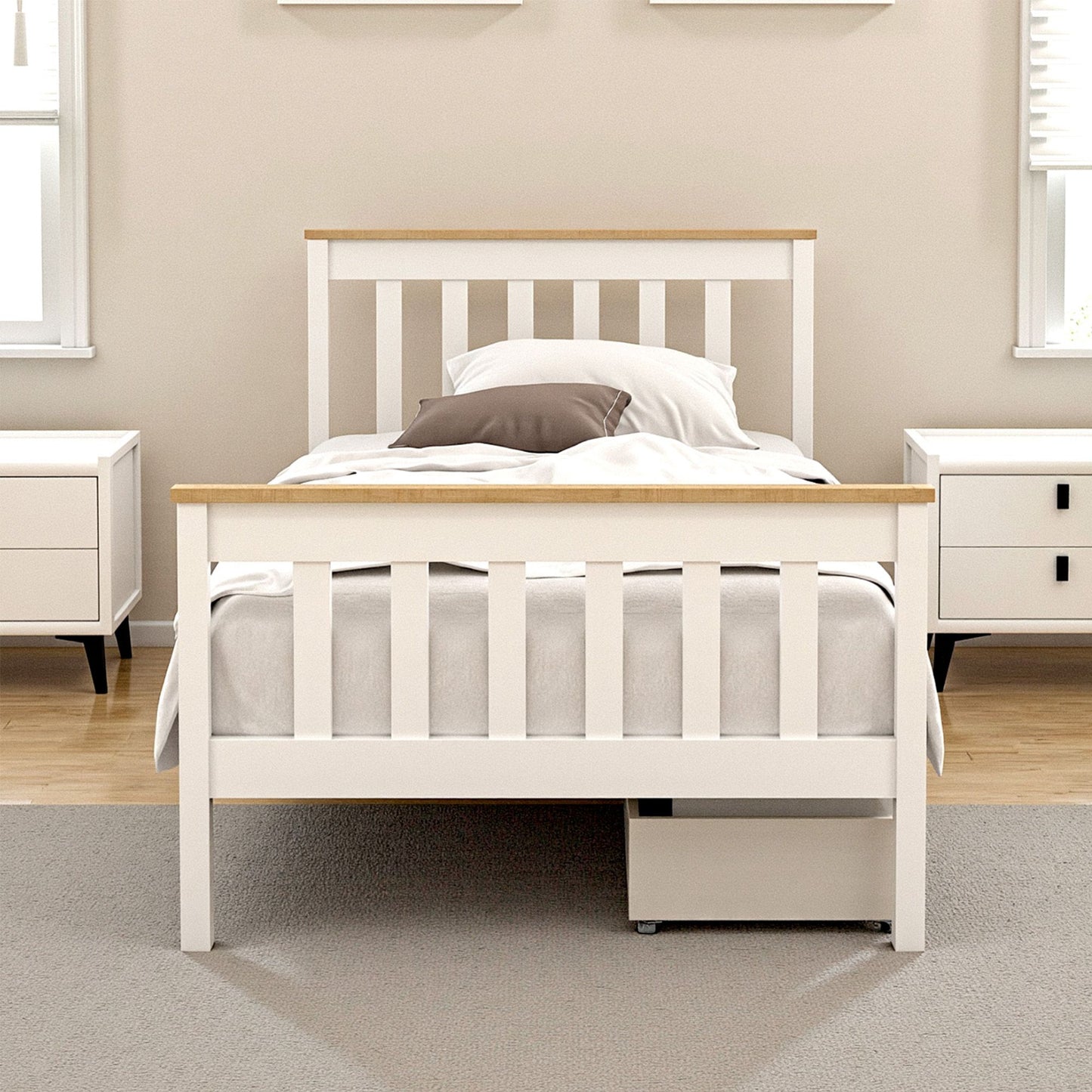Artiss Bed Frame Single Size Wooden Platform with 2 Storage Drawers White PONY