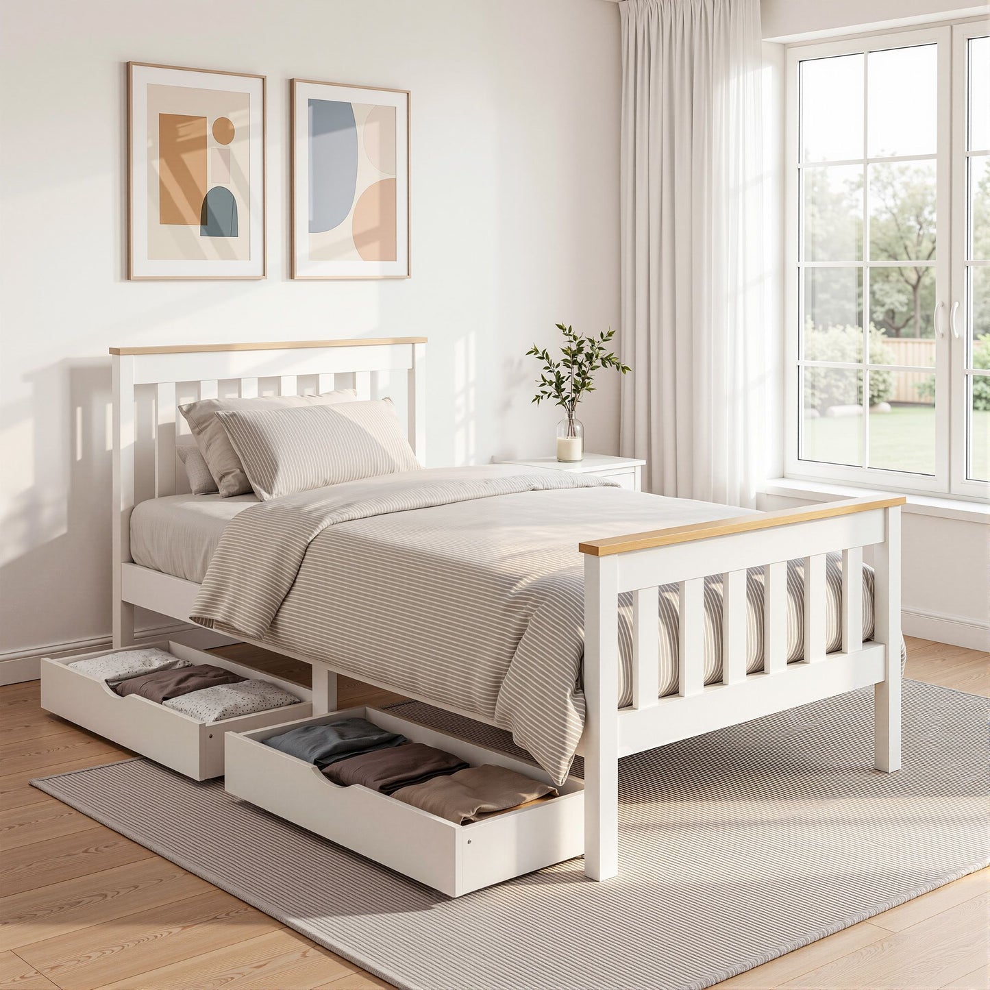 Artiss Bed Frame Single Size Wooden Platform with 2 Storage Drawers White PONY